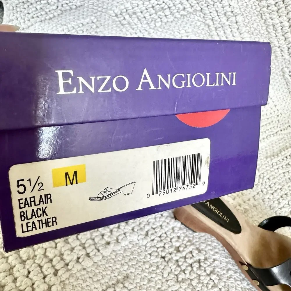 Enzo Angiolini Womens 5.5 Black Sandals Wood Heel Slide On Strap Fashion Y2k 90s
